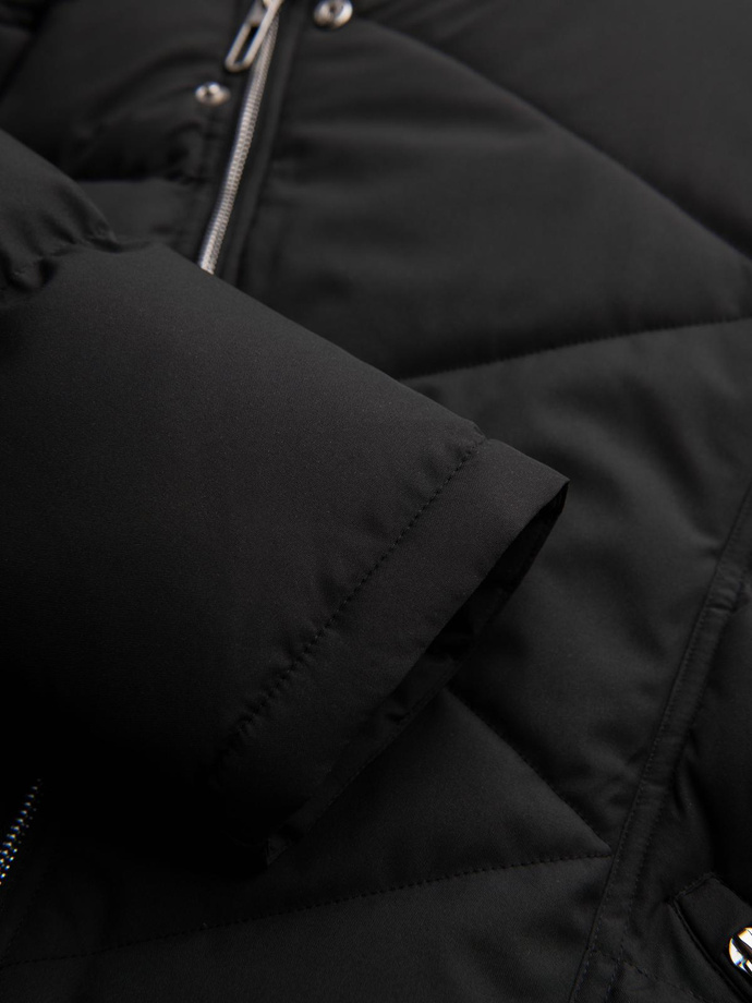 Men's quilted jacket with cut of ramoneski with hood - black V1 OM-JAHP-0252