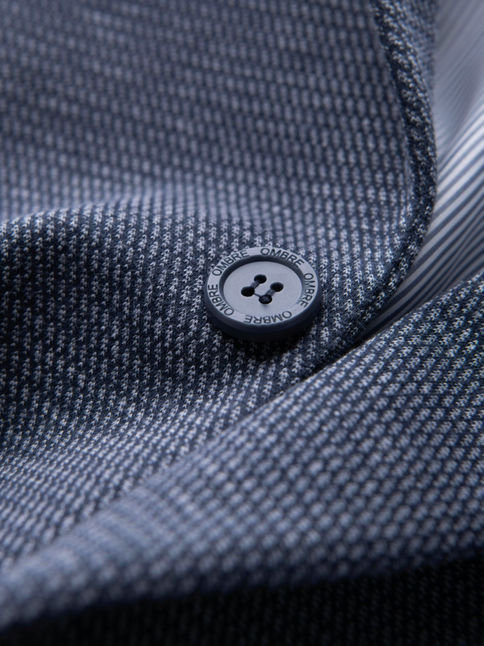 Dopasowana elegancka męska marynarka ze strukturalnej dzianiny – granatowa V1 OM-BLZB-0129