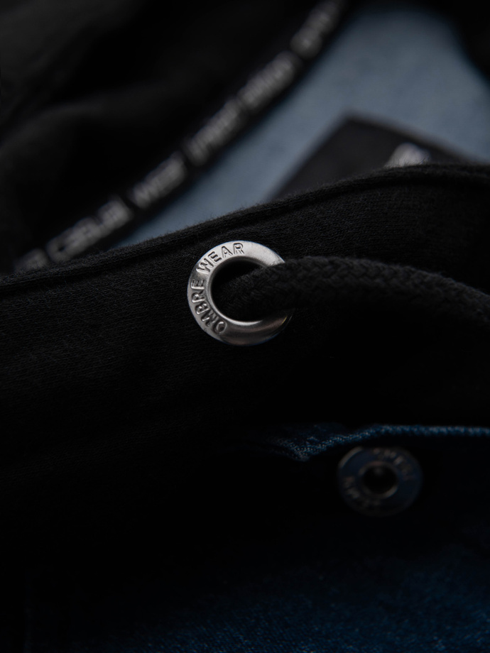 Men's denim jacket with knitted sleeves and hood - blue and black V2 OM-JADJ-0220