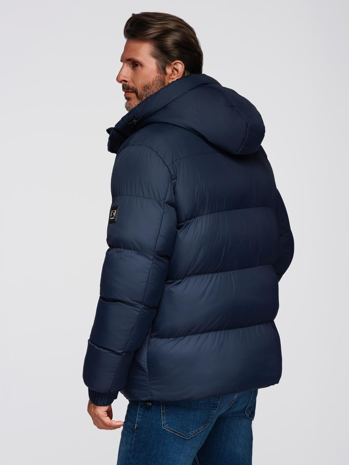 Men's quilted jacket with high zipped hood - navy blue V2 OM-JAHP-0238