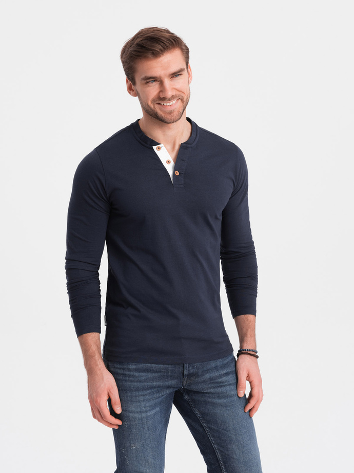 Men's longsleeve with buttons at the neckline - navy blue V3 OM-LSCL-0107