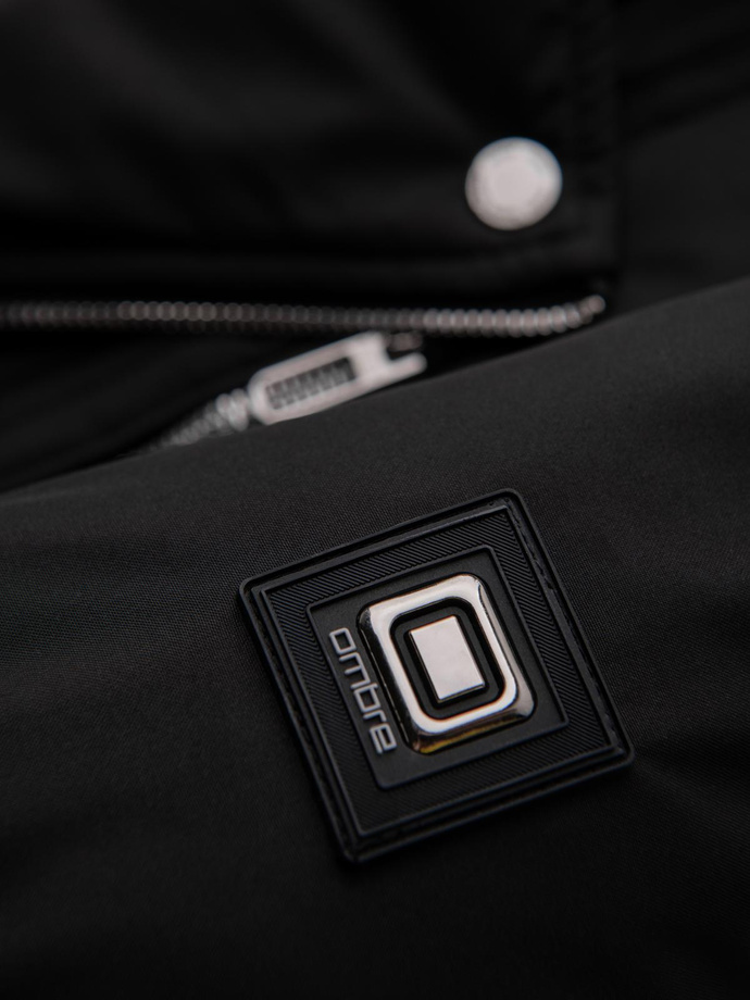 Men's quilted jacket with cut of ramoneski with hood - black V1 OM-JAHP-0252