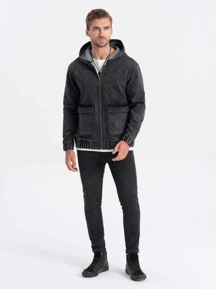 Kurtka jeansowa męska katana z kapturem i kieszeniami cargo – czarna V4 C558