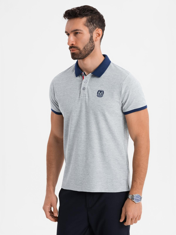 Men's polo shirt with colorful accents - gray melange V1 OM-POSS-0105
