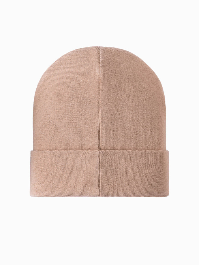 Czapka męska dzianinowa beanie z haftowanym napisem – piaskowa V6 OM-ACWH-0120