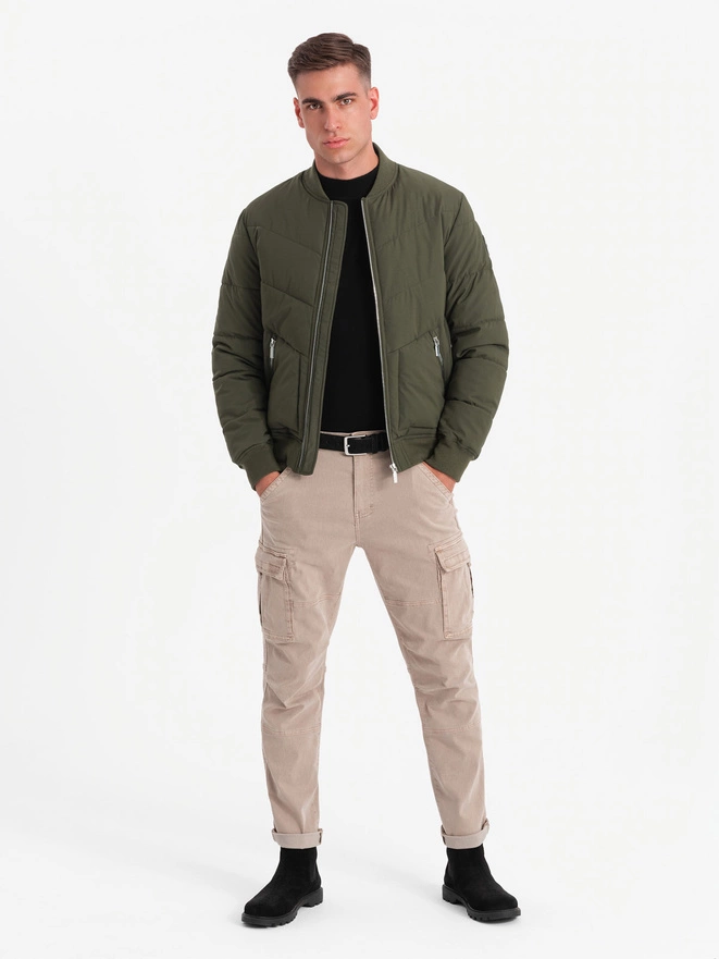 Men's quilted bomber jacket with metal zippers - dark olive green V3 OM-JALP-0143