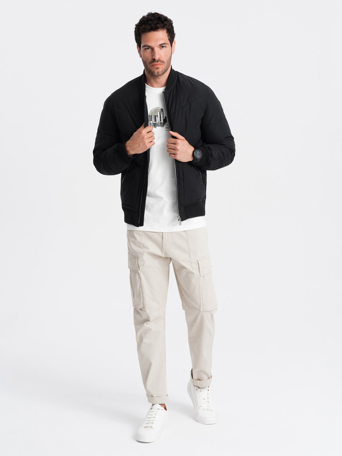 Pikowana kurtka męska bomberka z metalowymi zamkami - czarna V1 OM-JALP-0143