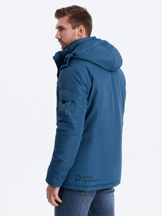 Kurtka męska ocieplana z kapturem - ciemnoniebieska V4 OM-JAHP-0128