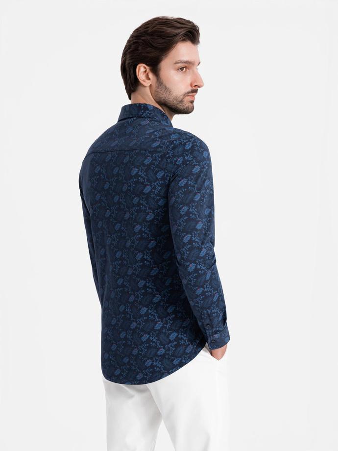 Men's cotton shirt with floral motif - navy blue V1 OM-SHCS-0159