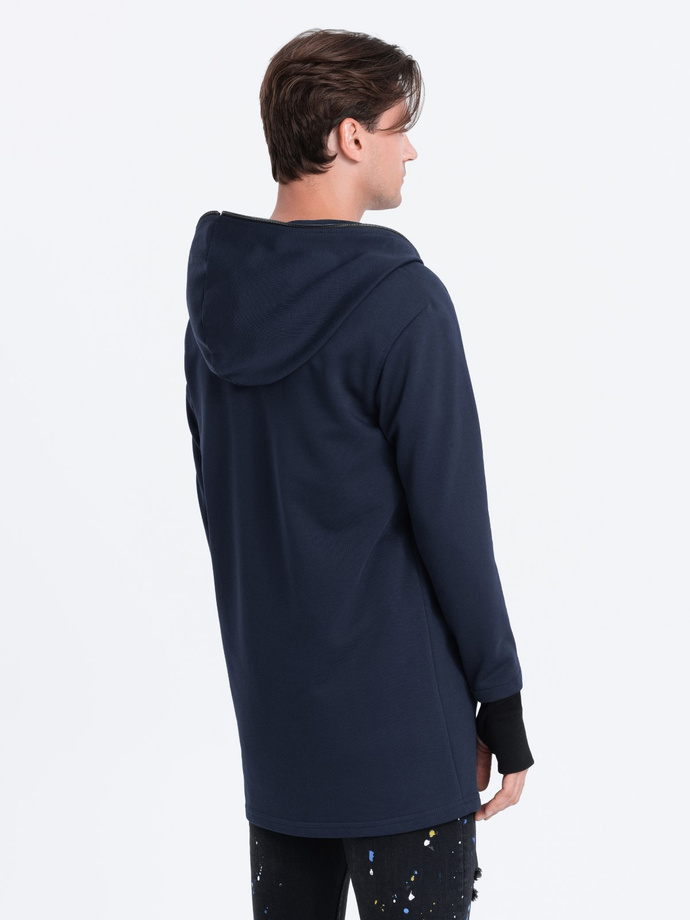 Longer men's unbuttoned sweatshirt with spacious hood PRAGA - navy blue B1369
