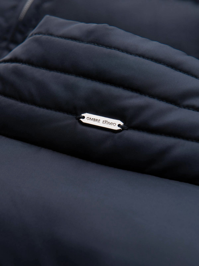 Men's quilted jacket with sheen and stand-up collar - dark blue V2 OM-JALP-0218