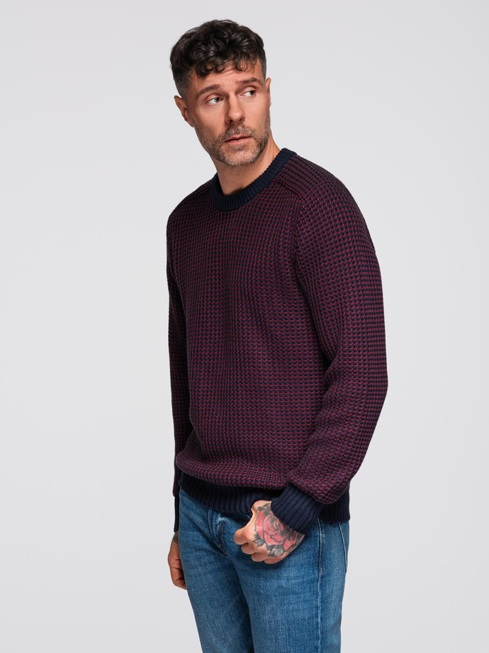 Men's contrast weave sweater with round neckline - maroon V1 OM-SWSW-0122