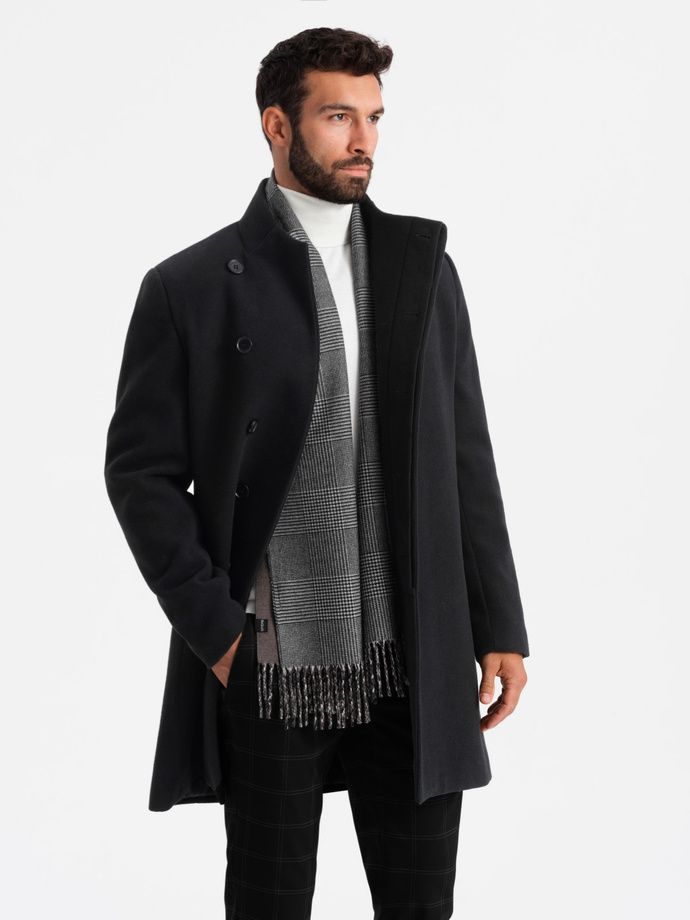 Men's coat with high collar and asymmetrical fastening - black V2 OM-COWC-0120