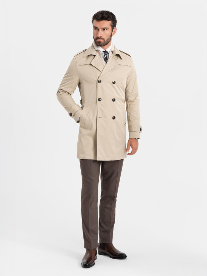 Elegant men's SLIM FIT trench coat with belt - beige V1 OM-COSC-0126
