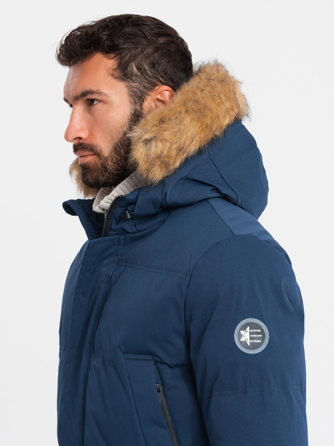 Men's long parka jacket with flared bottom - navy blue V5 OM-JALJ-0184