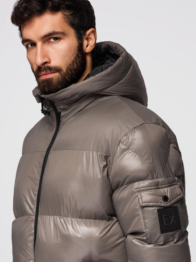 Ciepła męska kurtka puffer ze ściągaczami – ciemnobeżowa V3 OM-JAHP-0207