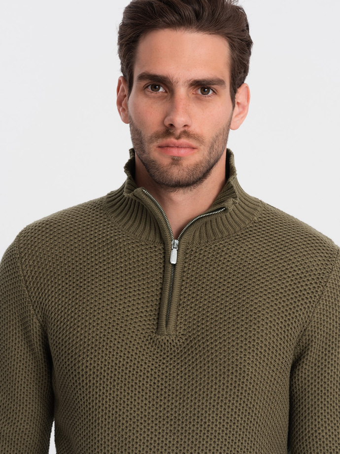 Men's knitted sweater with spread collar - olive V6 OM-SWZS-0105