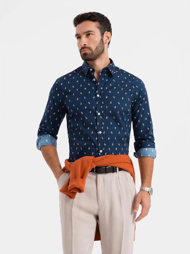 Bawełniana koszula męska we wzory SLIM FIT - atramentowa V3 OM-SHCS-0151