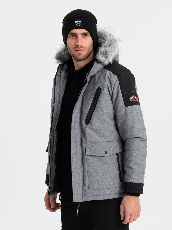 Men's winter jacket with adjustable hood with detachable fur - grey and black V1 OM-JAHP-0144