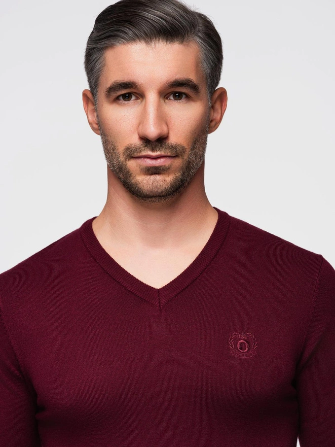 Sweter męski elegancki BASIC V-neck z wiskozą – bordowy V13 OM-SWBS-0107