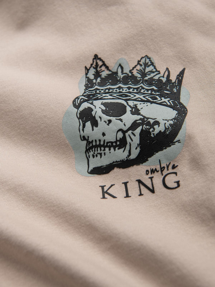 T-shirt męski bawełniany z nadrukiem na klatce piersiowej - beżowy V1 OM-TSPT-0167