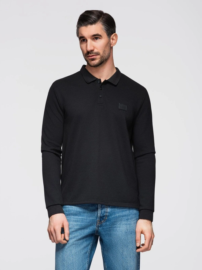 Structured men's polo longsleeve with patch - black V1 OM-POLS-0131