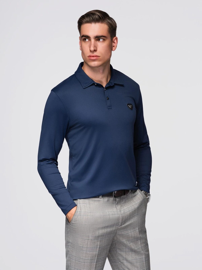 Polo koszulka z długim rękawem zapinana na eleganckie, brandowane guziki – granatowa V3 OM-POLS-0139