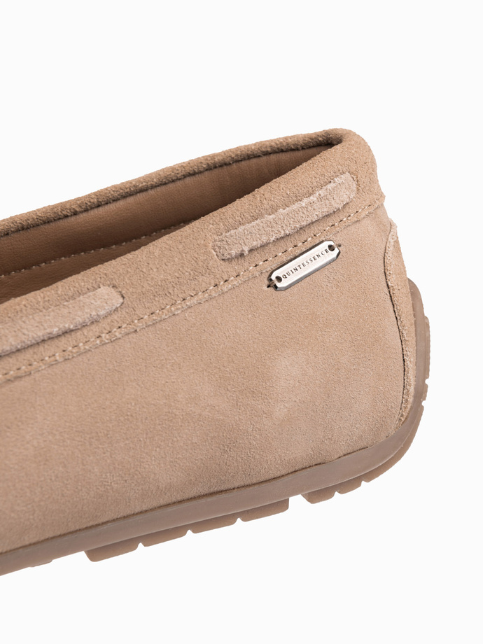 Buty mokasyny męskie skórzane z rzemykiem i podeszwą driver - beżowe V1 OM-FOCS-0150
