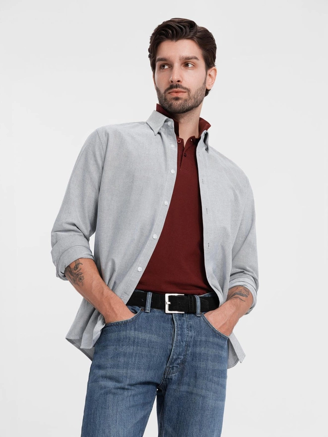 Elegant men's oxford shirt with embroidery - light grey V2 OM-SHOS-0172