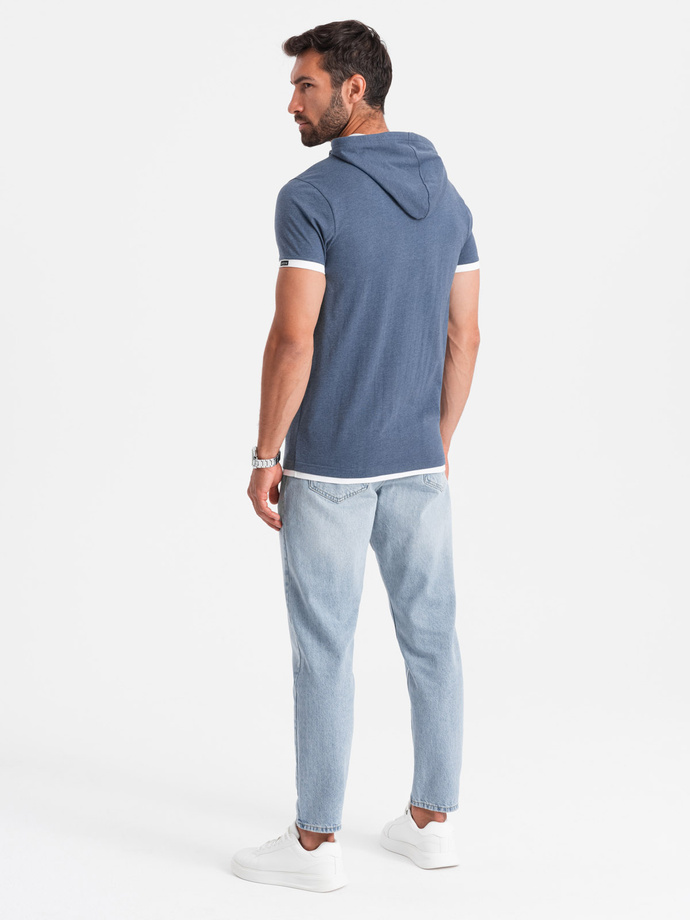 Casual men's cotton t-shirt with hood - dark blue melange V12 OM-TSCT-22SS-001