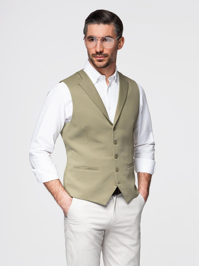 Fitted men's structured knit vest with lapels - olive V1 OM-BLZV-0144