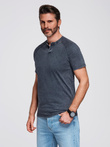 Men's t-shirt with wash effect and buttons at neckline - navy blue V2 OM-TSWT-0150