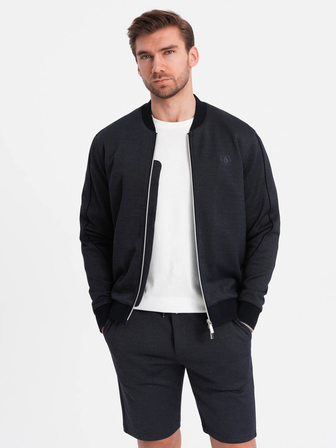 Komplet męski kurtka + szorty z dzianiny żakardowej - granatowy V1 Z73