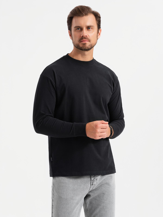 Męski longsleeve bawełniany LOOSE FIT z okrągłym dekoltem – czarny V1 OM-LSBC-0129