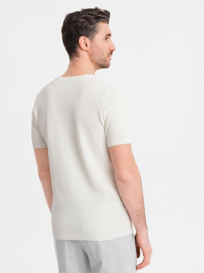Men's knitted t-shirt with fine texture - white V1 OM-TSCT-0244