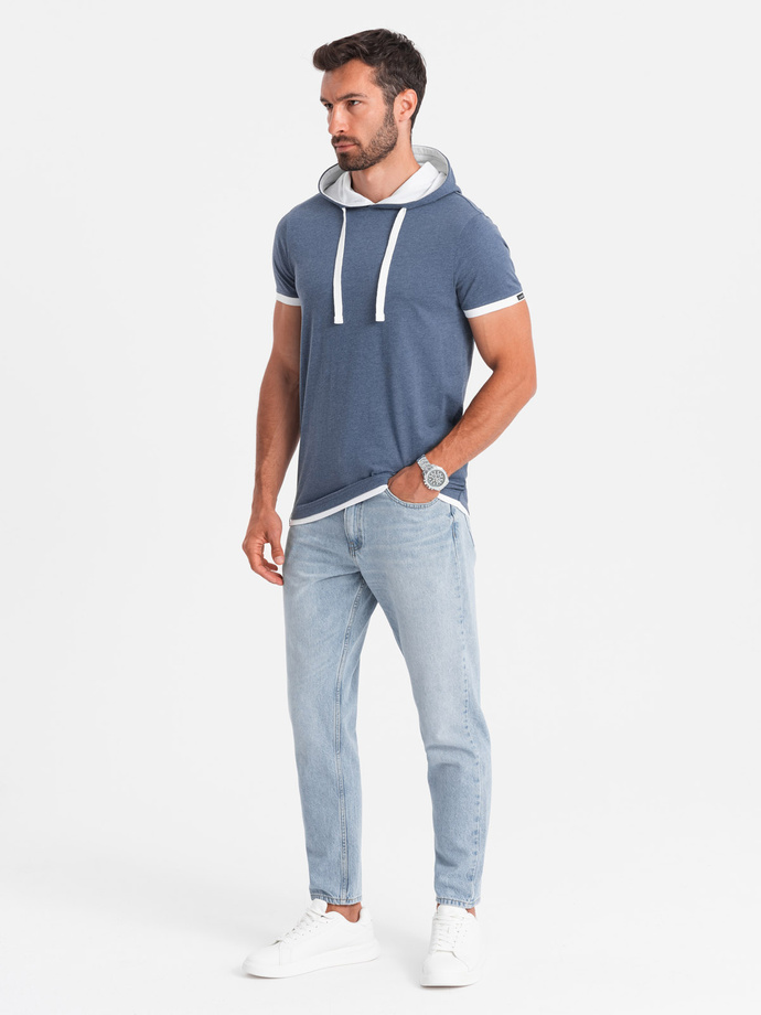 Casualowy męski t-shirt bawełniany z kapturem – ciemnoniebieski melanż V12 OM-TSCT-22SS-001