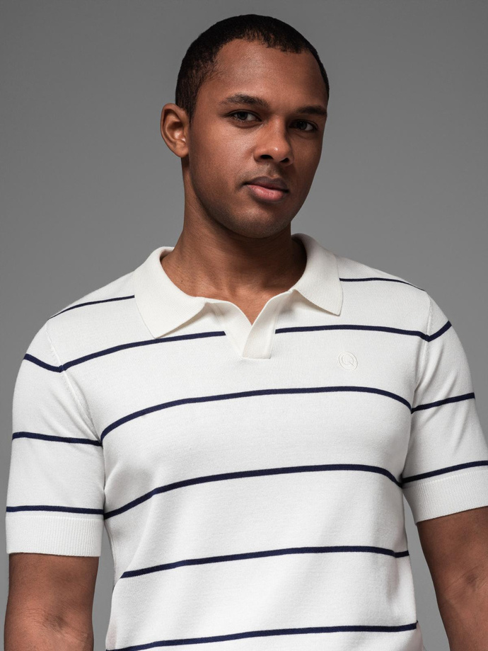 Men's horizontal striped viscose polo shirt - white and navy V2 OM-POSS-0145