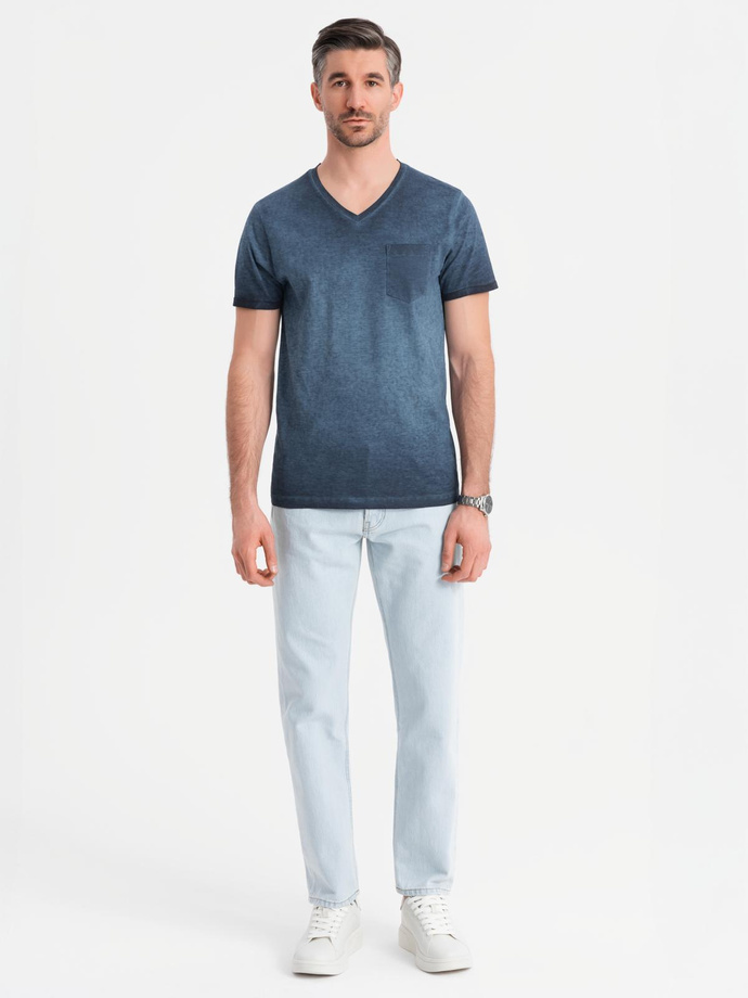 Bawełniany męski t-shirt V-neck z dzianiny z efektem sprania - granatowy V7 OM-TSWT-0242