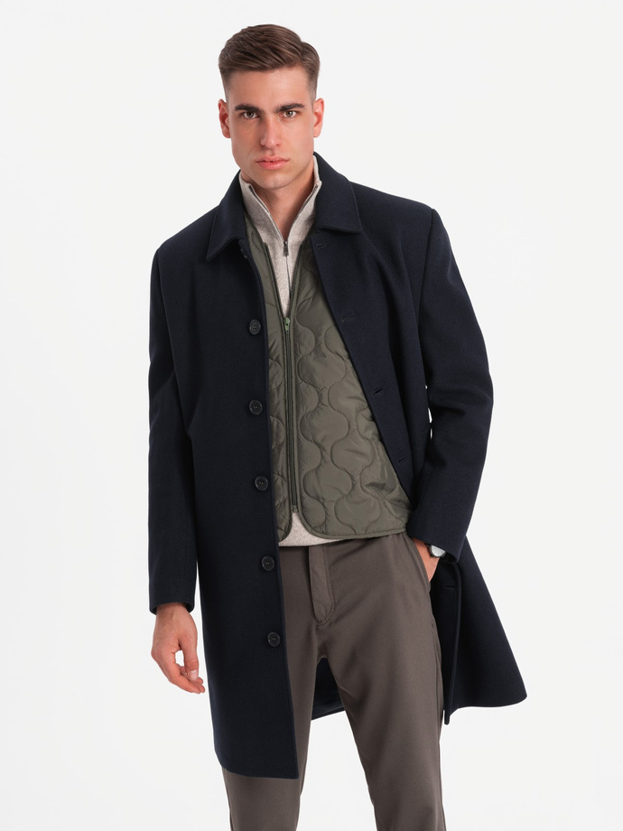 Men's long single-breasted coat with collar and undercoat - navy blue V3 OM-COWC-0106