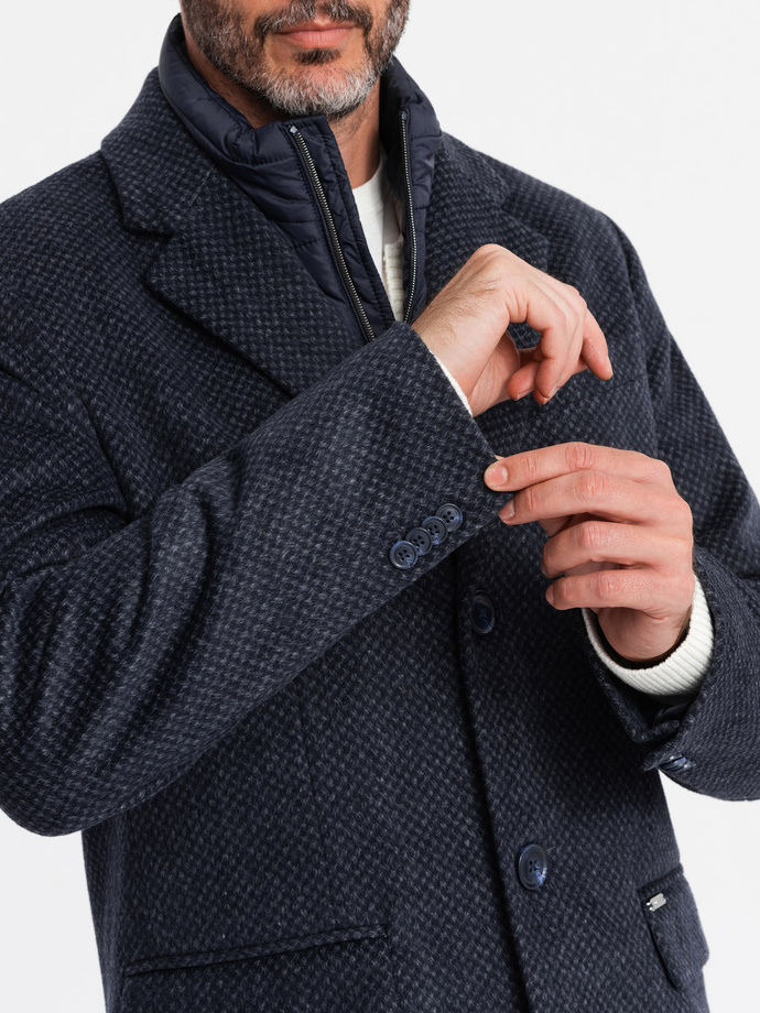 Rozpinany męski płaszcz z wełną – granatowy V1 OM-COWC-0121