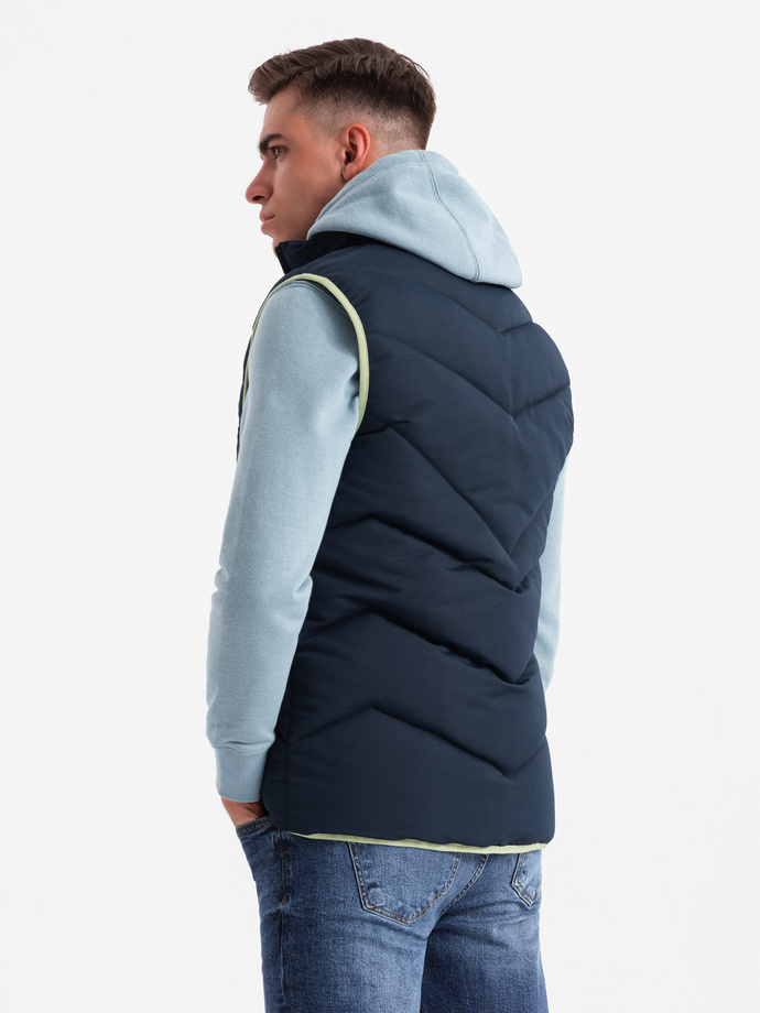 Men's quilted sleeveless jacket with neon accents - navy blue V3 OM-JAVJ-0210