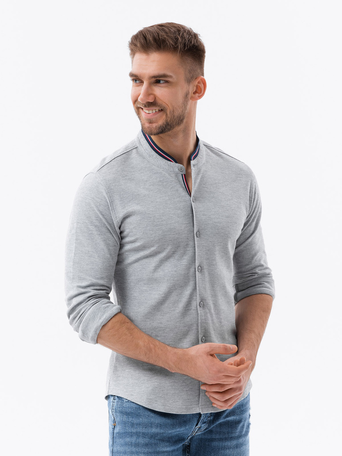 Bawełniana męska koszula SLIM FIT ze stójką w kolorowe paski – szara V5 OM-SHCS-0178 