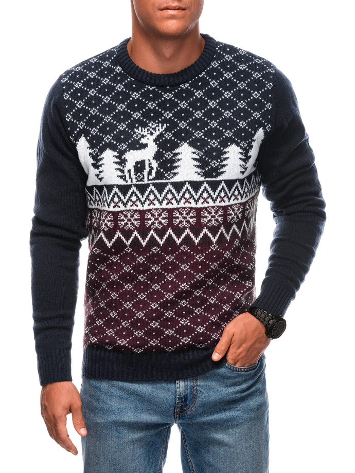 Men's Christmas winter jumper with reindeer - navy blue and white V1 EM-SWOS-0102