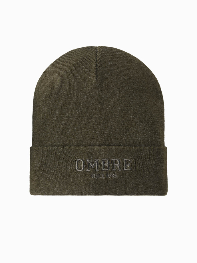 Men's knitted beanie cap with embroidered inscription - olive V5 OM-ACWH-0120
