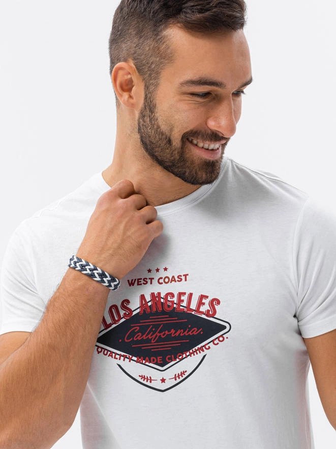 T-shirt męski z nadrukiem - biały V-21B S1434