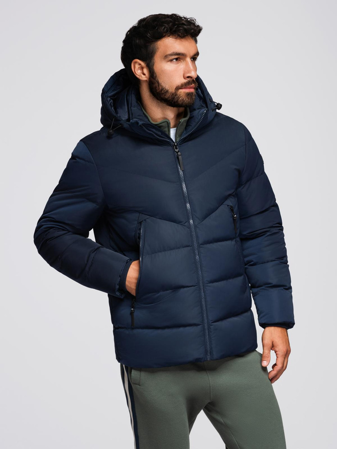 Men's jacket with asymmetrical quilting and hood - navy blue V4 OM-JAHP-0304