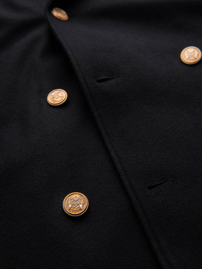 Men's double-breasted coat with wool and bead appliqués on sleeves - black V1 OM-COWC-0148