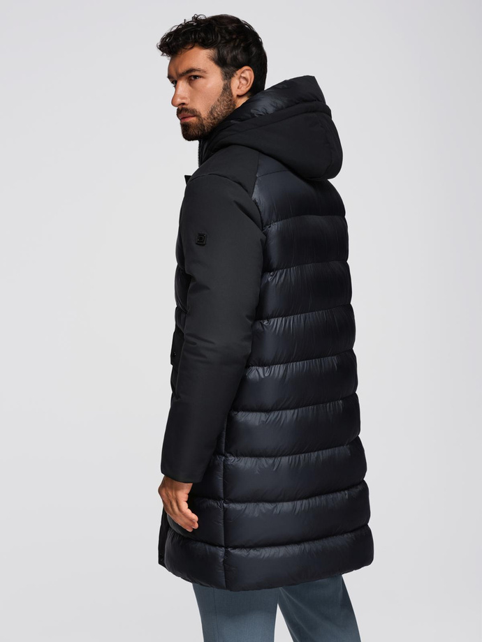 Men's long quilted jacket with large pockets - black V1 OM-JALJ-0308