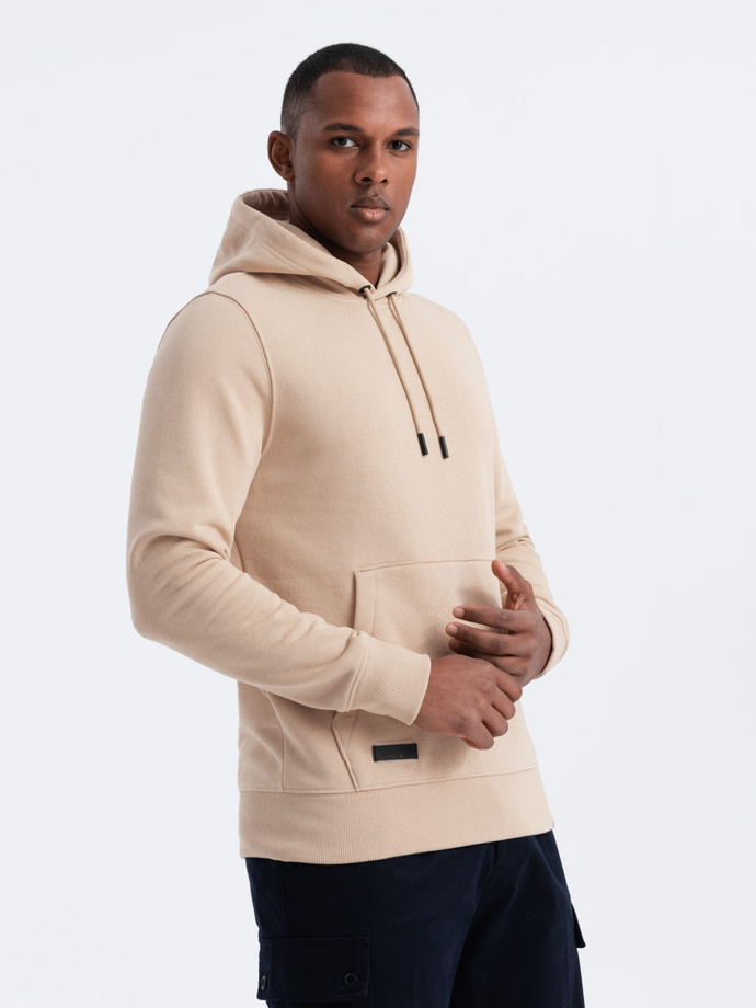 BASIC men's cotton sweatshirt kangaroo hoodie - beige V6 OM-SSBN-0161