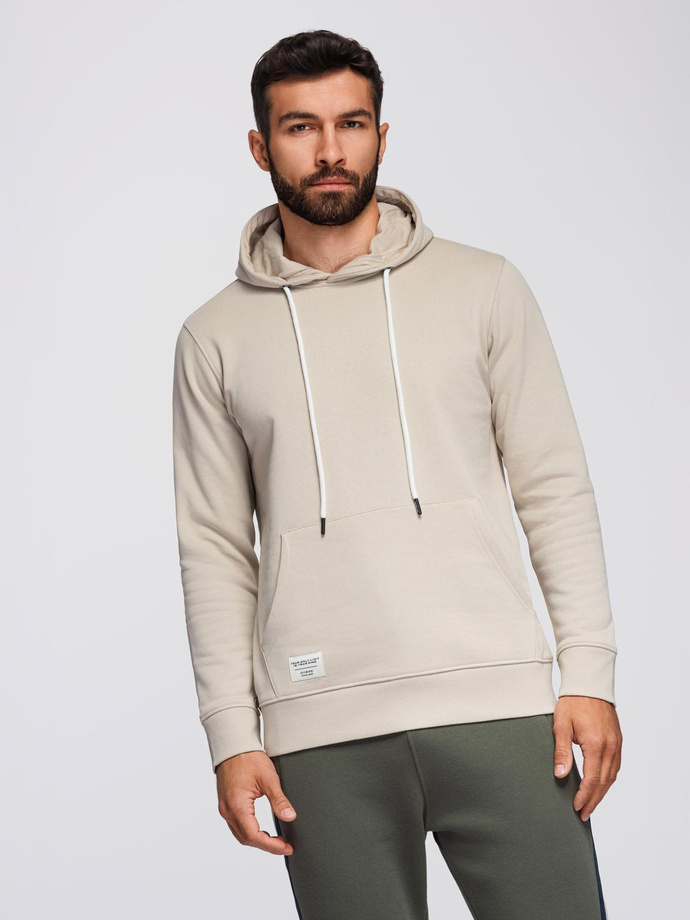 Men's kangaroo hooded sweatshirt - light beige V1 OM-SSBN-0177